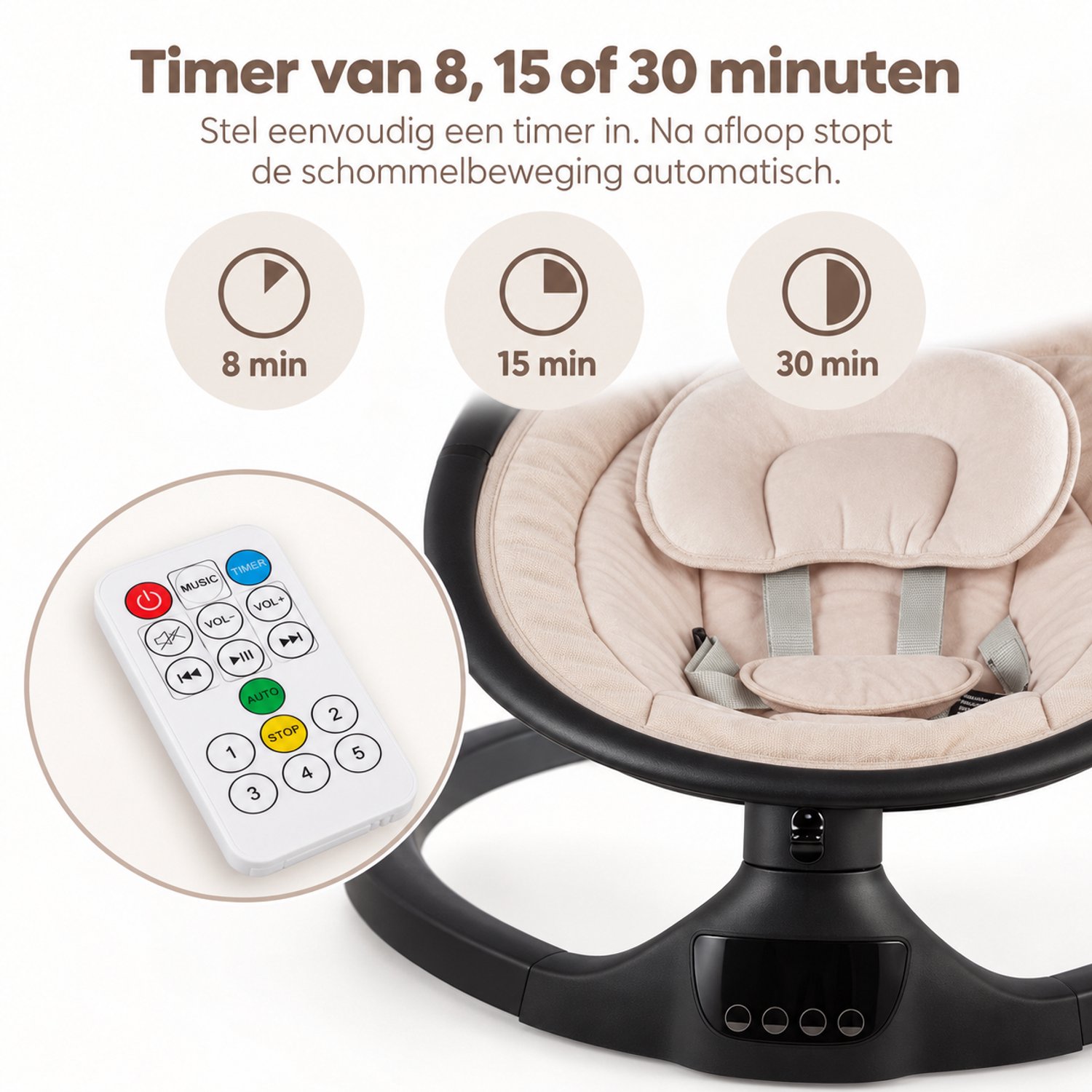 X Adventure Rocco Elektrische Wipstoel Baby – Babyschommel & Baby Swing – Bluetooth & Afstandsbediening – Beige – foto 3