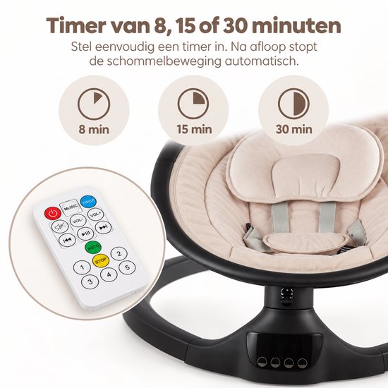 Beige wipstoel met afstandsbediening, toont timeropties van 8, 15 en 30 minuten voor automatische stop.