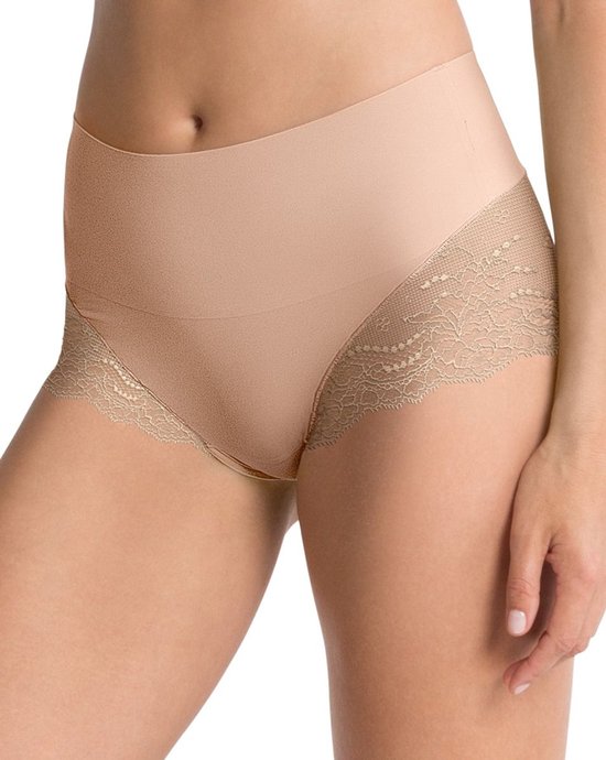 Beige slip met hoge taille en zijpanelen van bloemkant.