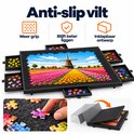 Zwarte puzzelmap met vilt, 6 lades, een windmolenpuzzel en beschermhoes. Kenmerken: anti-slip, betere grip en inklapbaar.