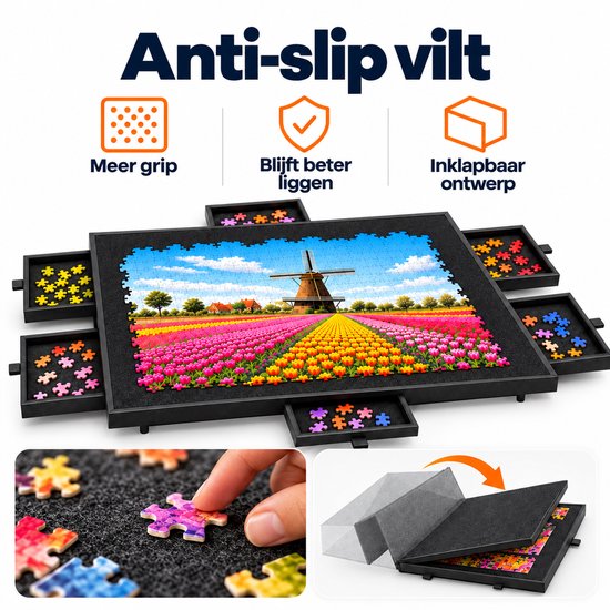 Zwarte puzzelmap met vilt, 6 lades, een windmolenpuzzel en beschermhoes. Kenmerken: anti-slip, betere grip en inklapbaar.