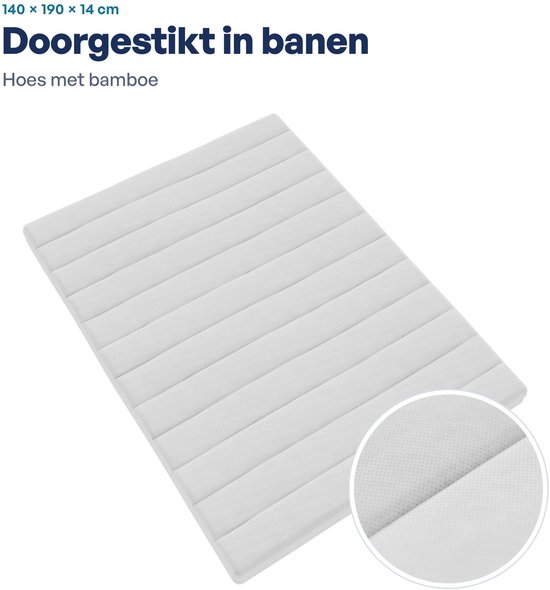 Witte matras met horizontaal doorgestikte banen en een vergrote cirkel met detail van de bamboe hoes.