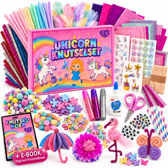 Uitgebreide eenhoorn knutselset met vilt, pijpenragers, stickers, pompons en een e-book met knutselvoorbeelden.