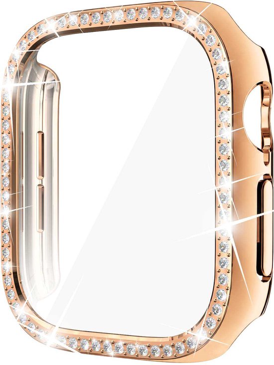 Roségouden Apple Watch beschermhoesje met sprankelende strass-steentjes rondom het scherm.