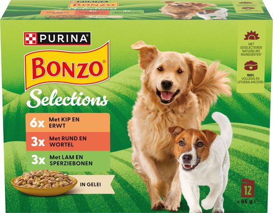 Voordelige verpakking Bonzo natvoer voor honden, 12 zakjes van 85g met kip, rund en lam in gelei.