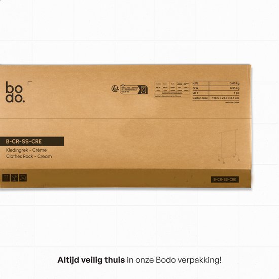 Bodo verpakkingsdoos voor een crème kleurig kledingrek met specificaties en verzendinformatie.