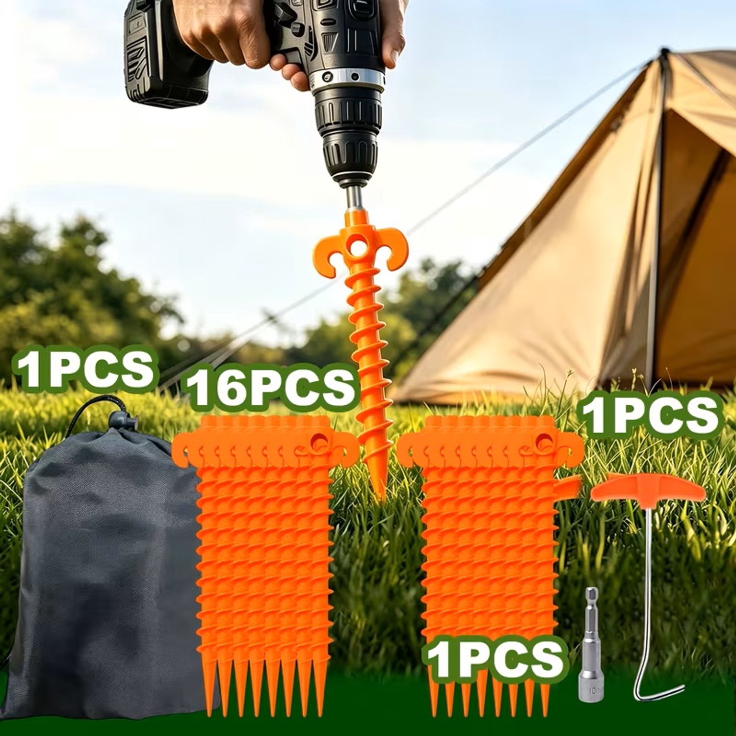 Han-Bar® Heavy Duty Spiraal Tent Haringen – 16 stuks + Huls + Haringtrekker + Opbergtas – 20,07 cm – Oranje – PA Nylon – Windbestendig & Treksterk