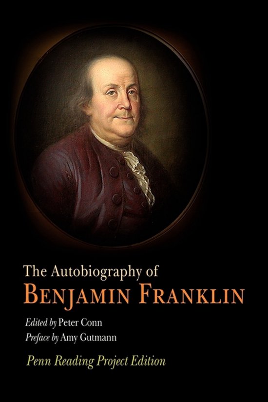 Couverture du livre The Autobiography of Benjamin Franklin avec un portrait de Franklin dans un cadre ovale sur fond noir.
