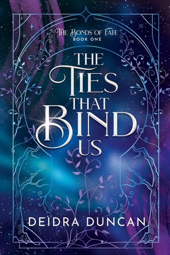 Boekomslag van The Ties That Bind Us met een blauw en paars sterrenstelselontwerp en elegante witte typografie.