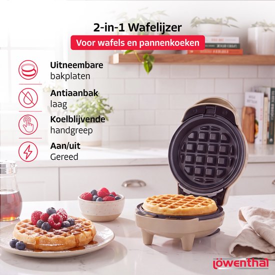 2-in-1 Wafelmaker - Wafelijzer met Verwisselbare Platen - Wafel & Pannenkoeken Maker met Koudgrepen - Mini Wafelmaker met Anti Aanbaklaag - Pancake Maker - Uitneembare Platen - Waffle Maker - Wafelmachine - Waffle Iron - Beige - Löwenthal — afbeelding 4