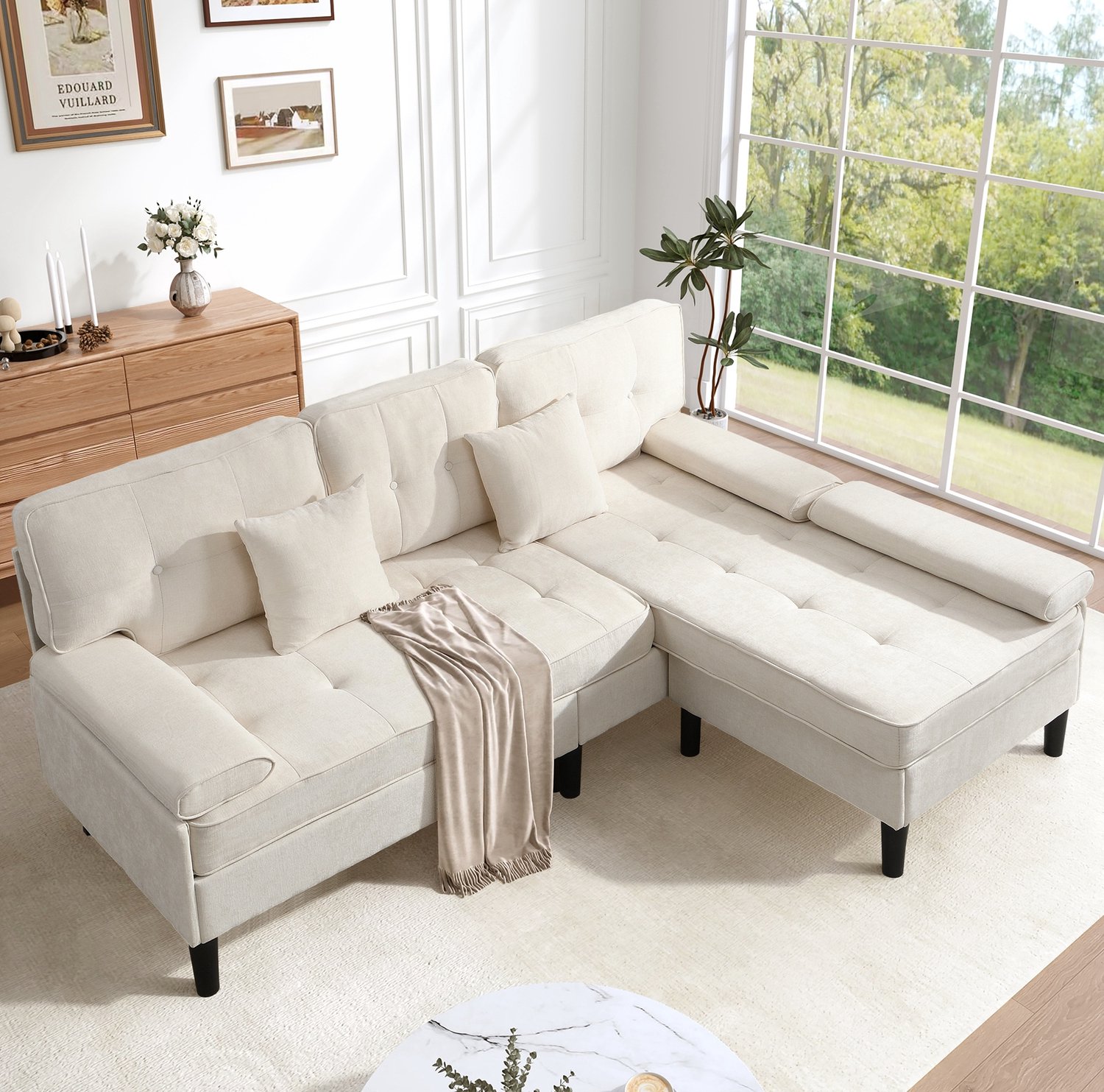 MODENUIT Hoekbank - Modulaire 3-Zits Met Voetenbank - Woonkamer - Chenille Lichtbeige - 195x149x86 Cm