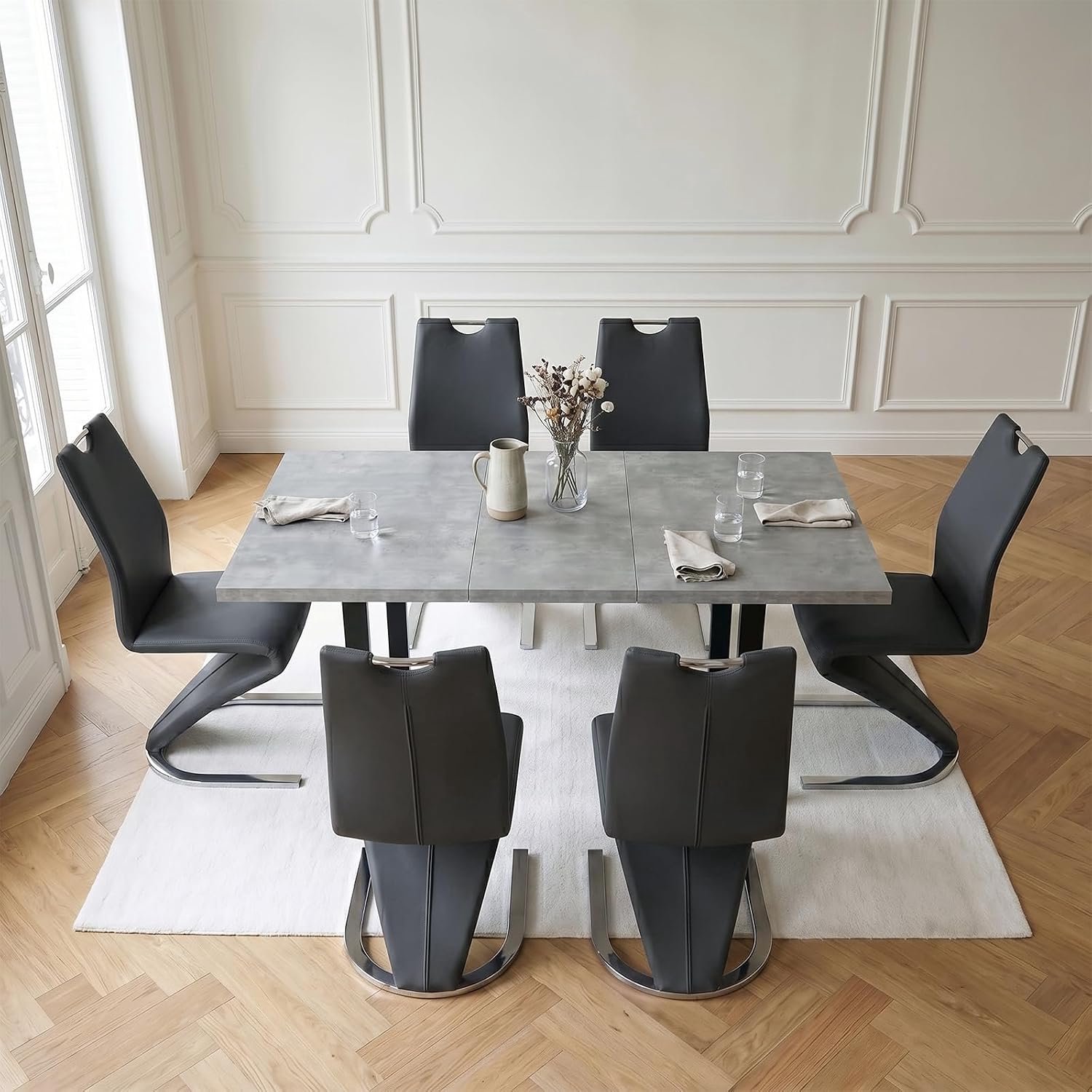 House&Garden Zeno Eetkamerstoelen Set van 6 – Z-vormig Zwevend Design – Zwarte PU Kunstleren Eetkamerstoel met Gewatteerde Zitting – 150 kg – 42 x 42 x 92 cm