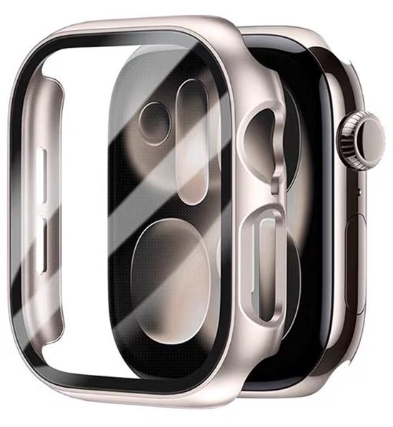 Starlightkleurige beschermhoes met geïntegreerde glazen screenprotector voor Apple Watch.