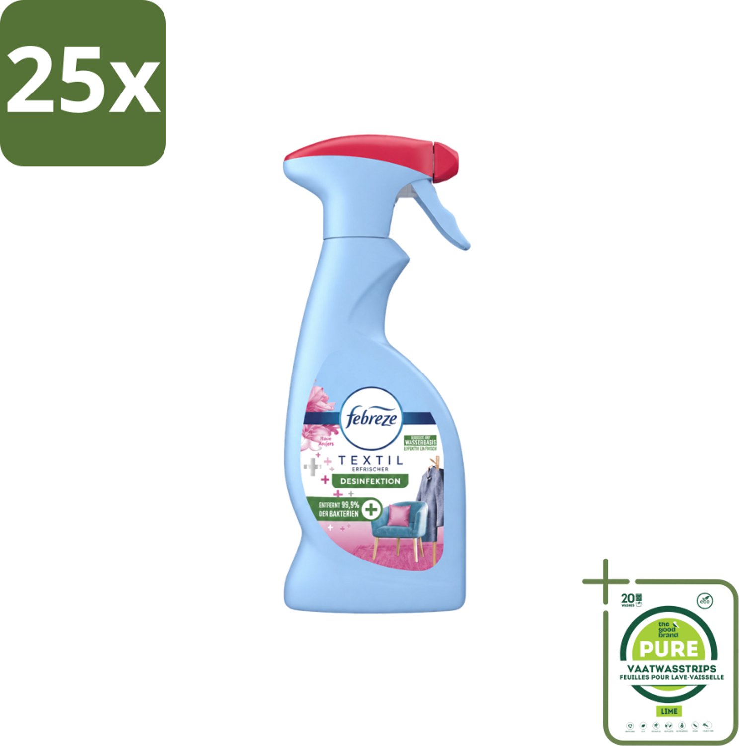 25 x Febreze – Textielspray – Roze Anjers – 375 ml - Grootverpakking - Vaatwasstrips - Textielgeur - Textielverzorging - Geurverwijdering - Textielspray - Roze Anjers