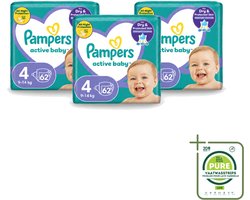 3 x Pampers – Luiers – Active Baby Maat 4 (9-14 kg) – 62 Luiers - Grootverpakking - Vaatwasstrips - Luiers Voor Baby - Droge Luiers - Actieve Baby - Superabsorberende Luiers - Anti-lek Luiers