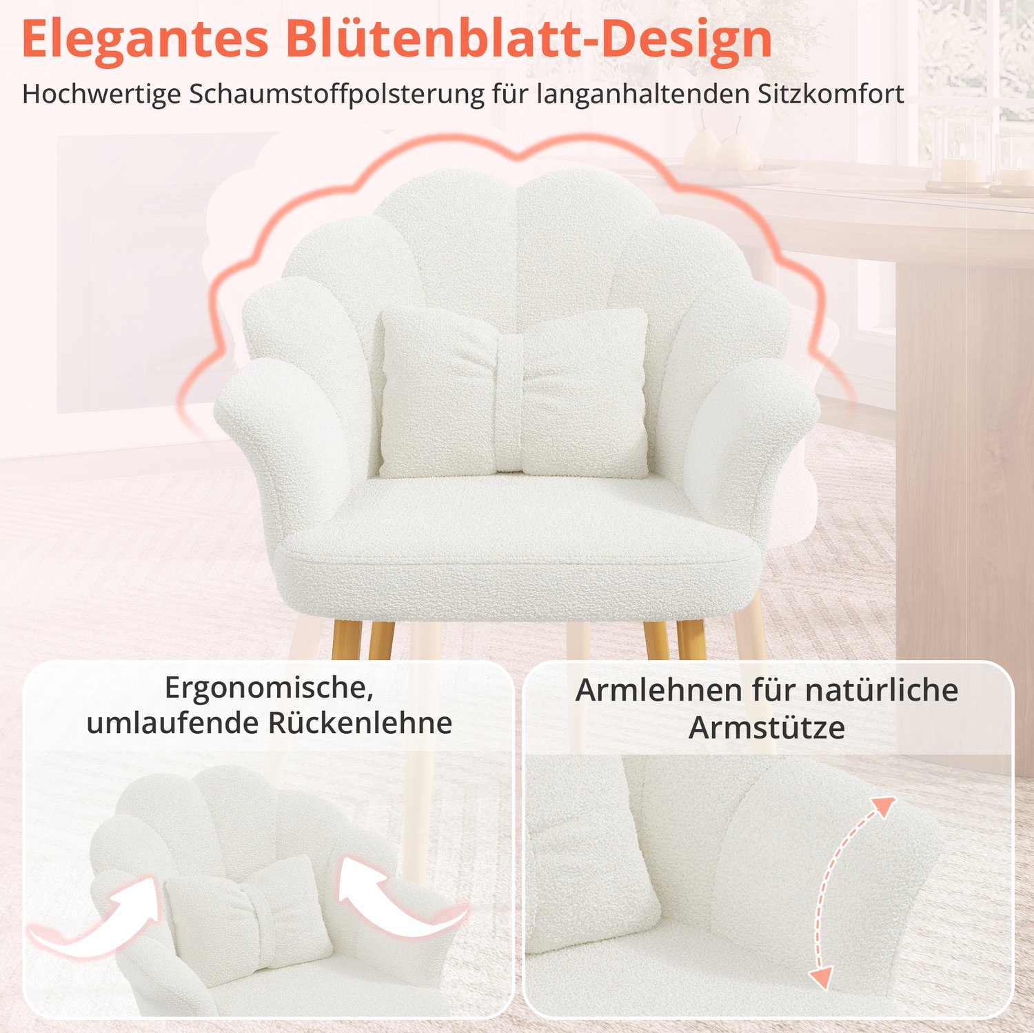 FloraGrace Eetkamerstoel - Set Van 4 Met Armleuningen, Bloemblaadrugleuning En Kussen - Voor Eetkamer En Slaapkamer - Teddy-Stof - Wit