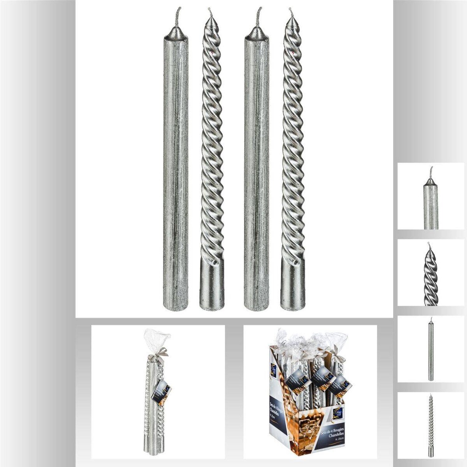 Feeric lights & Christmas Set van 4 zilverkleurige glitterstokkaarsen, 48 g Gris