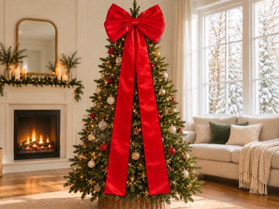 Grote rode satijnen strik bovenop een kerstboom met kerstverlichting en goudkleurige kerstballen in een woonkamer.