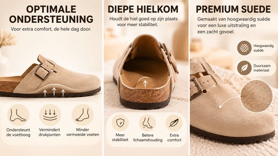 Beige suède clogs met gespsluiting, tonend orthopedische ondersteuning, diepe hielkom en premium materialen.