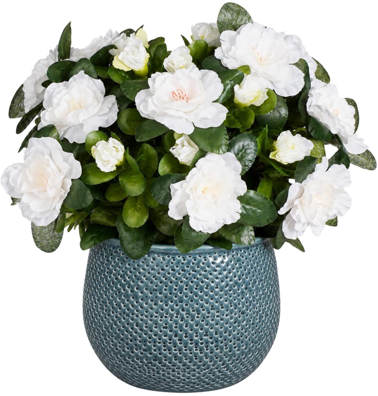 Mica Decorations Kunstplant - Azalea wit - H31 cm - in blauwe bloempot - keramiek - complete set van pot en plant - decoratie stuk