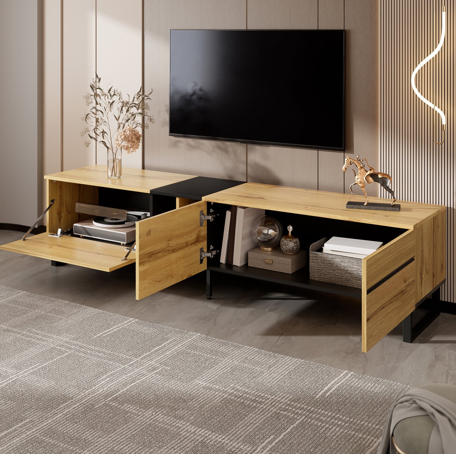 CHICFURN TV-lowboard 180 cm - Klapvak - Open en gesloten vakken - Woonkamer - Spaanplaat - Houtkleur