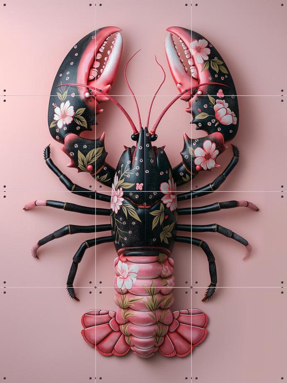 IXXI Pink Black Flower Lobster, OTTI - 60 x 80 cm - Grote wanddecoratie en posters - Gemengde Technieken, Surrealisme, Woonkamer, Eetkamer Roze