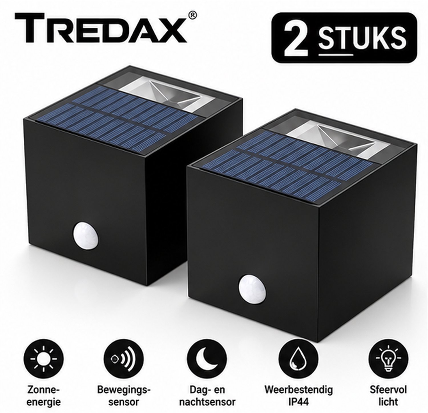 Tredax Solar Wandlamp 2 Stuks – Cube Buitenlamp met Bewegingssensor – Up & Downlight – Buitenverlichting op Zonne-Energie – IP44 zwart
