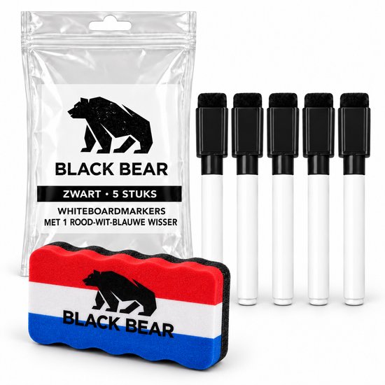 Set van 5 zwarte whiteboardmarkers in verpakking met rood-wit-blauwe wisser met beer logo.