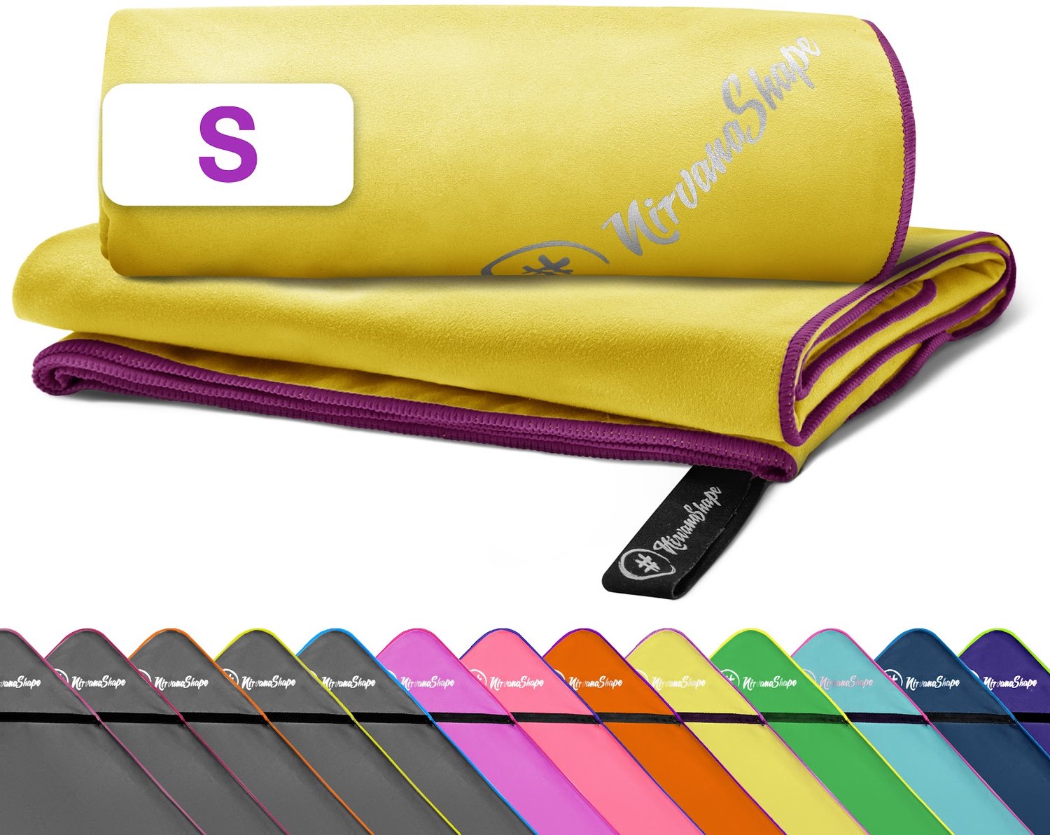 NirvanaShape - microvezel handdoek - lichtgewicht compacte reishanddoek - sneldrogend en absorberend - 60 x 40 cm - Geel / Paarse Rand