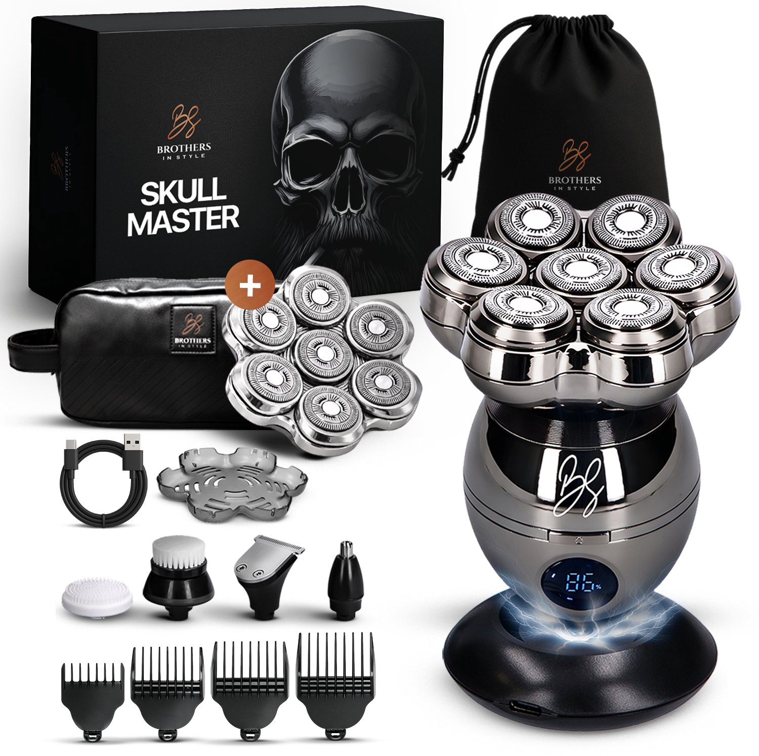 Bol.com Scheerapparaat Mannen 8-in-1 - Skull Master Pro - Extra Scheerkop – Luxe Toilettas - Kaal Hoofd - Elektrisch Head Shaver... aanbieding