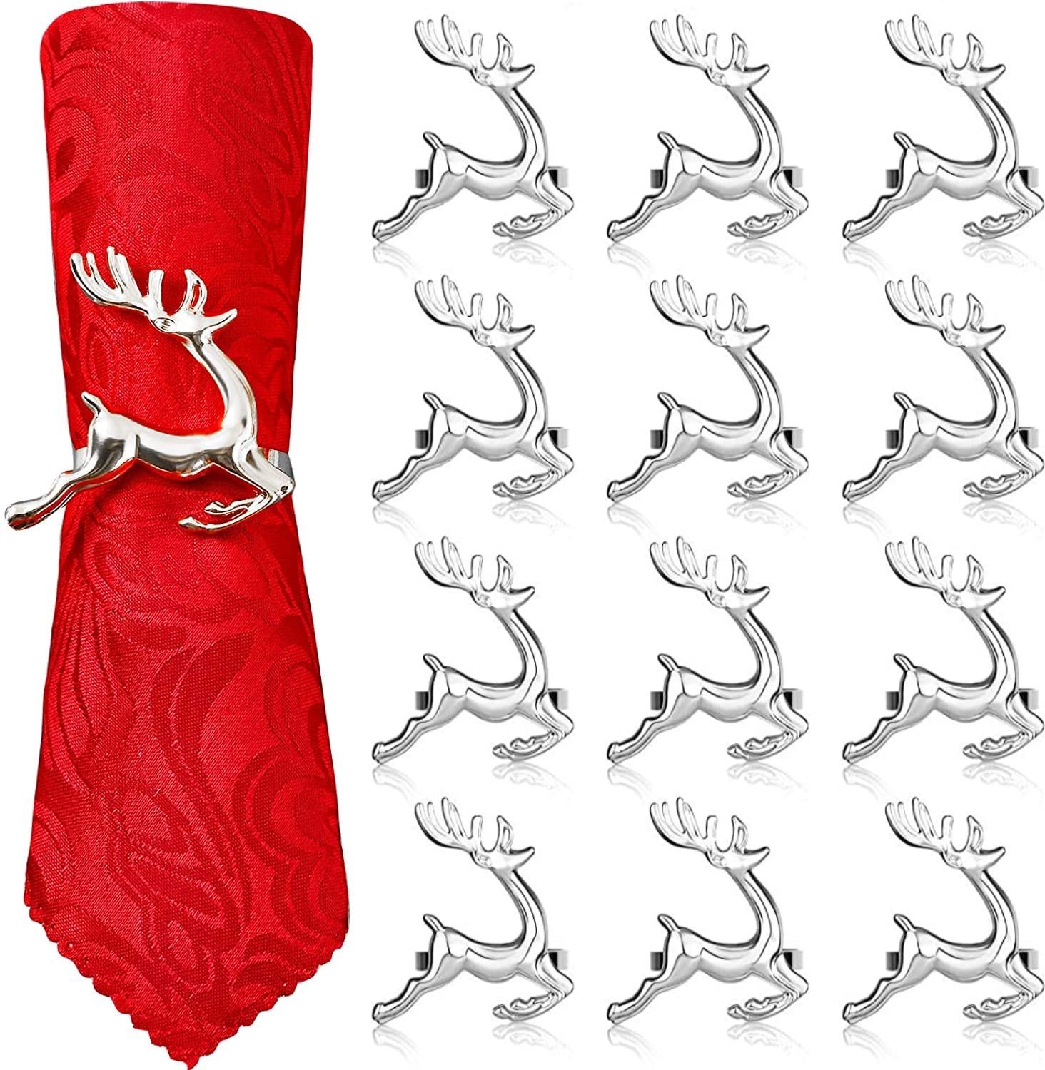 Kerst Servetringen Set – 12-Delige Zilveren Servethouders met Rendier Design voor Kerst en Feestelijke Diners – 6 cm
