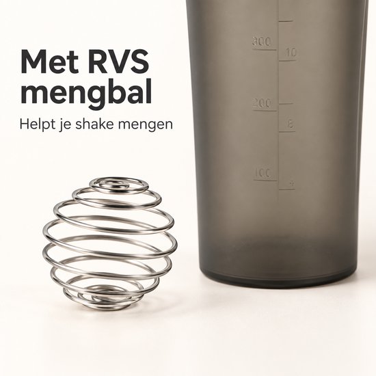 Shakerbeker 600 ml - Met RVS mengbal en maataanduiding - Zwart/grijs - 1 stuk