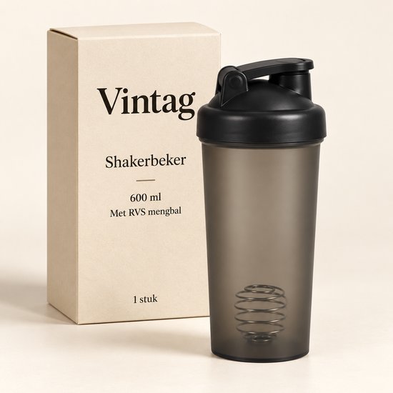 Shakerbeker 600 ml - Met RVS mengbal en maataanduiding - Zwart/grijs - 1 stuk