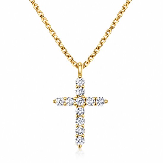 Goudkleurige ketting met een kruishanger bezet met sprankelende zirkonia stenen.