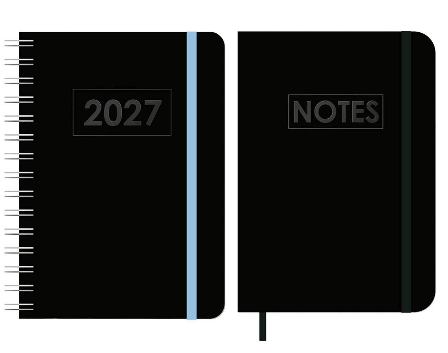 MGPcards - A5 Wire-O Agenda 2027 - Weekoverzicht 1w/2p - Zwart + Blauw elastiek - 14,8 x 21 cm + Notitieboekje/opschrijfboekje - gelinieerd - 80 pagina's - A5 - Zwart