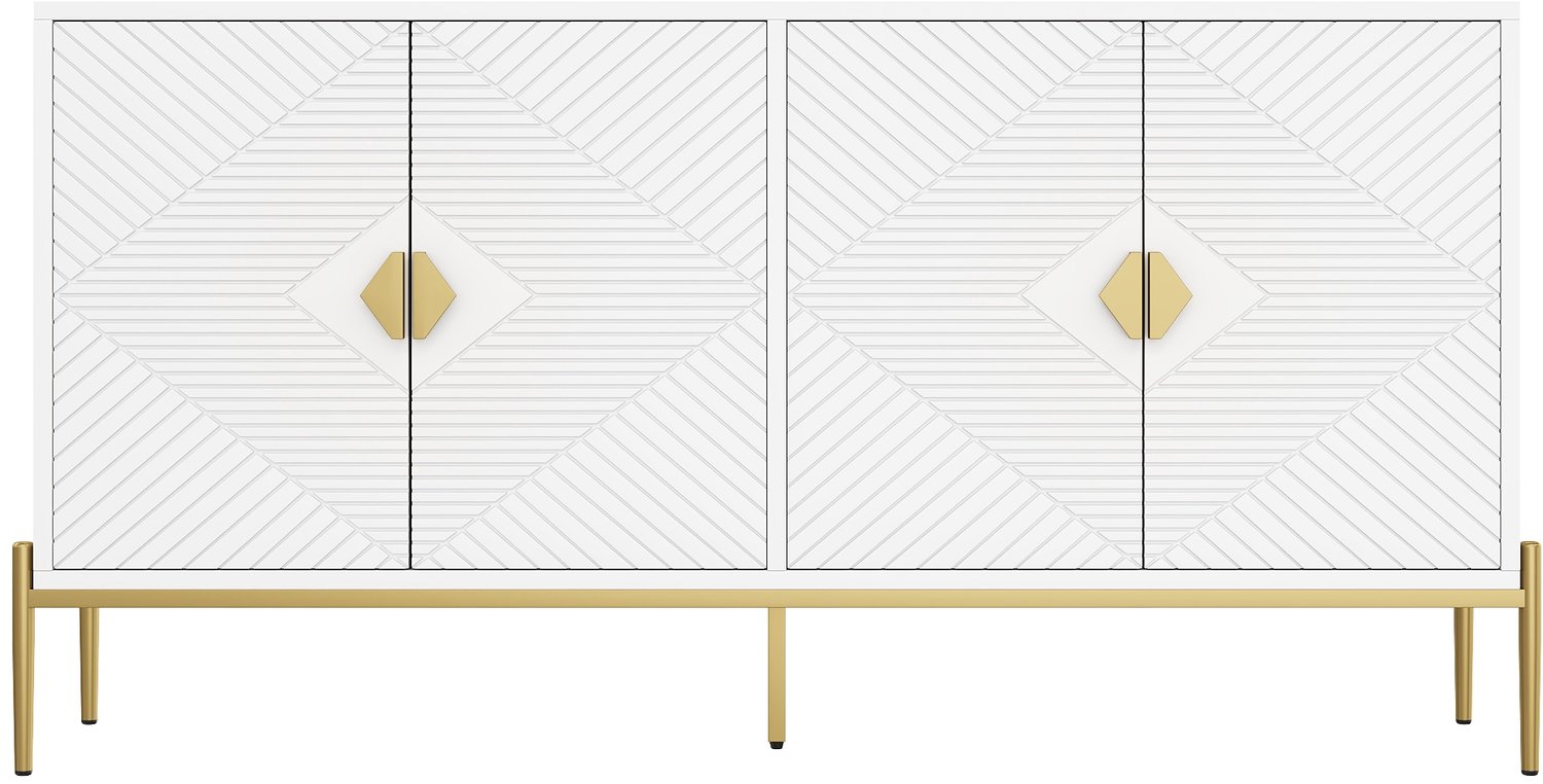 SONNENH Wit dressoir met 4 geometrische deuren en goudkleurig metalen onderstel - 162 x 40 x 80 cm