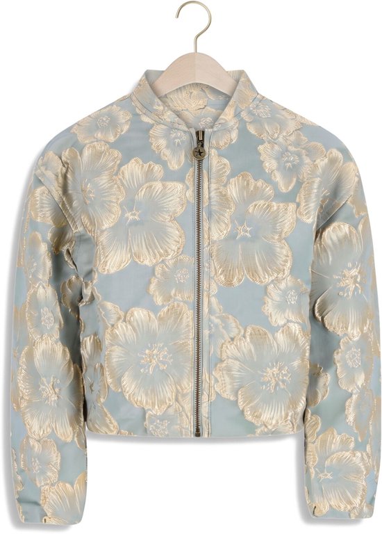 Lichtblauw jacquard vest met goudkleurige bloemen, een rits en een stervormige rits-hanger.