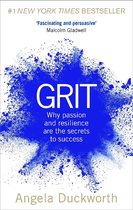 Boekomslag 'Grit' van Angela Duckworth met witte tekst op een blauwe poedervlek en New York Times bestseller-label.