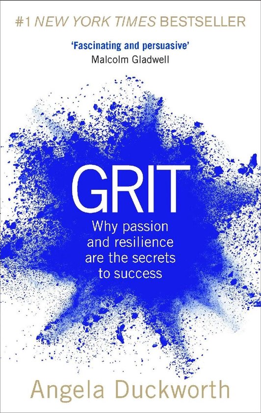 Boekomslag 'Grit' van Angela Duckworth met witte tekst op een blauwe poedervlek en New York Times bestseller-label.