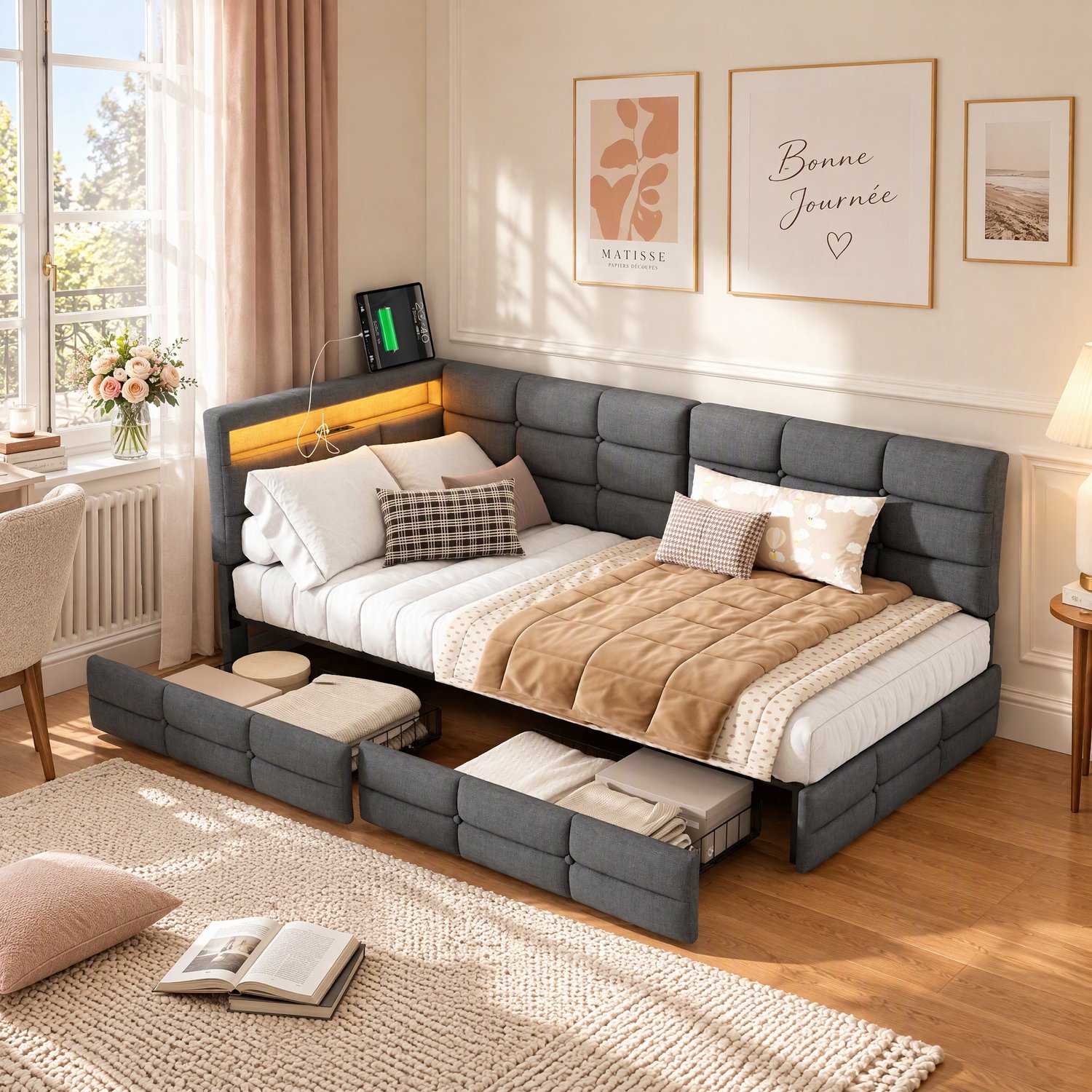 MEXUS Eenpersoonsbed 90x200 cm met ledverlichting en USB, slaapbank, tienerbed met 2 opberglades, dagbed met lattenbodem, slaapbank, logeerbed, bedframe, linnen Grijs