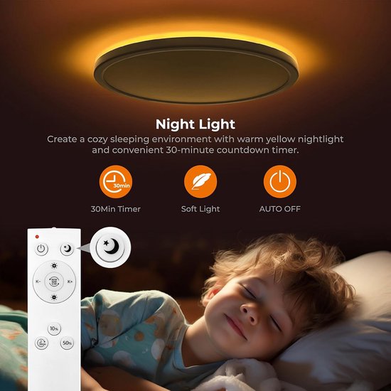 24W Dimbare LED-plafondlamp met afstandsbediening, 30cm Rond Wit Plat Paneel, 5W 2000K Nachtlampje, 3000K-6500K Kleurtemperatuur, Geschikt voor Slaapkamer, Kinderkamer, Badkamer en Gang [Energieklasse F] — afbeelding 3