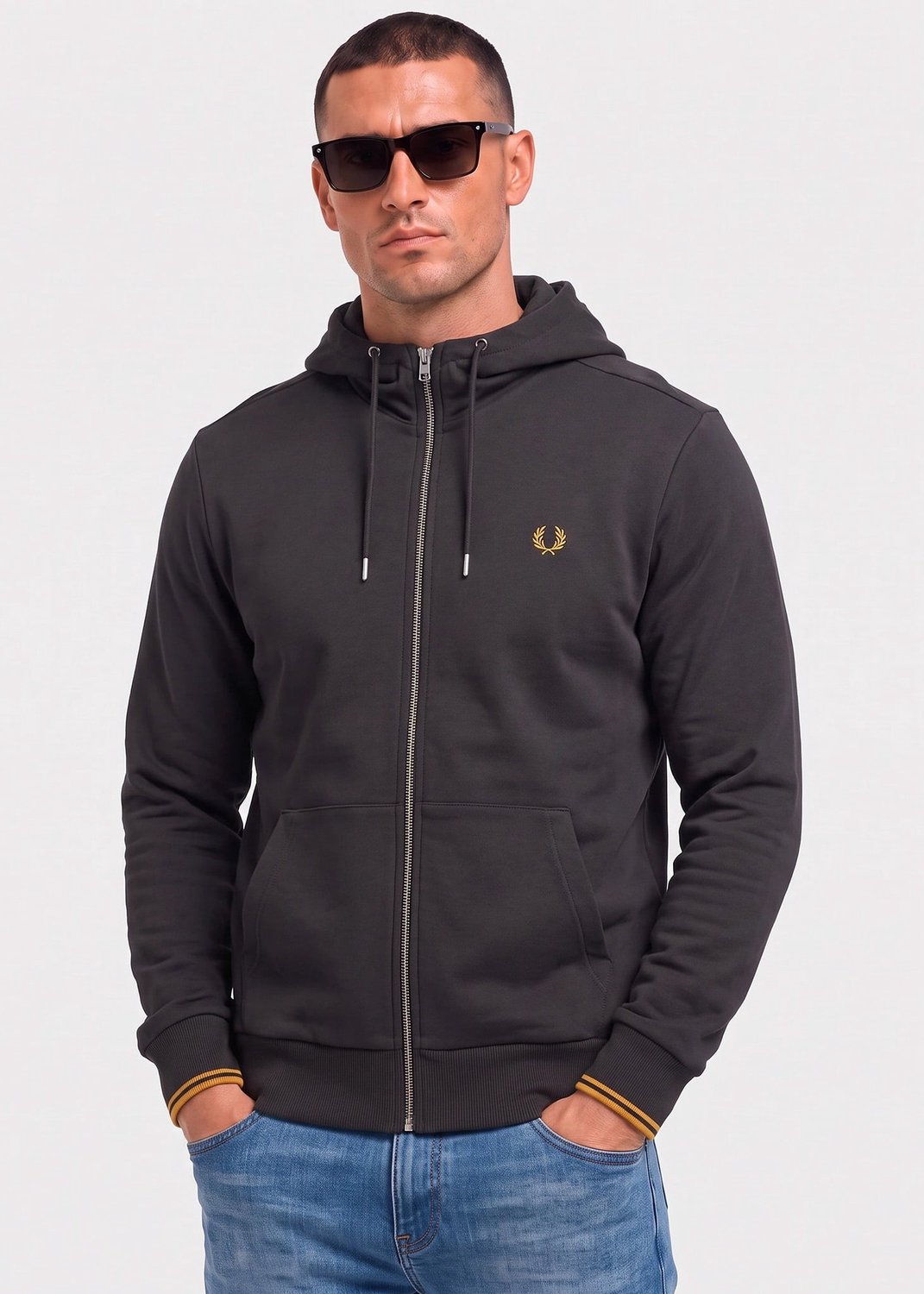 Fred Perry Hooded zip through sweatshirt anchor golden Grijs