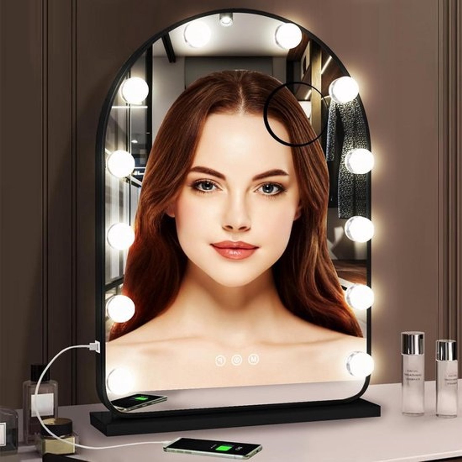 Make-upspiegel met verlichting - Verlichte vanityspiegel - Make-up aanbrengen - 12 dimbare kleuren - Groot formaat - Zwart