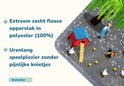 Close-up van het extreem zachte fleeceoppervlak met boerderijafbeelding en tekst over speelcomfort.