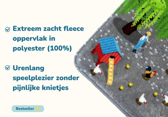 Close-up van het extreem zachte fleeceoppervlak met boerderijafbeelding en tekst over speelcomfort.