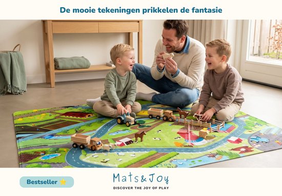 Vader en twee zoons spelen lachend met houten speelgoed op een boerderij speelmat.