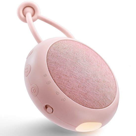 Dutsi white noise apparaat in roze met stoffen speaker en handige ophanglus, voorzien van een subtiel nachtlampje.