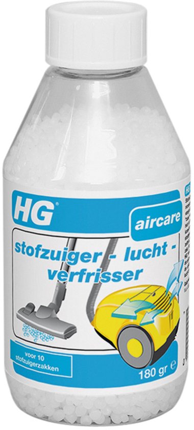 HG stofzuiger lucht verfrisser 180gr in transparante fles met witte parels en een afbeelding van een stofzuiger.
