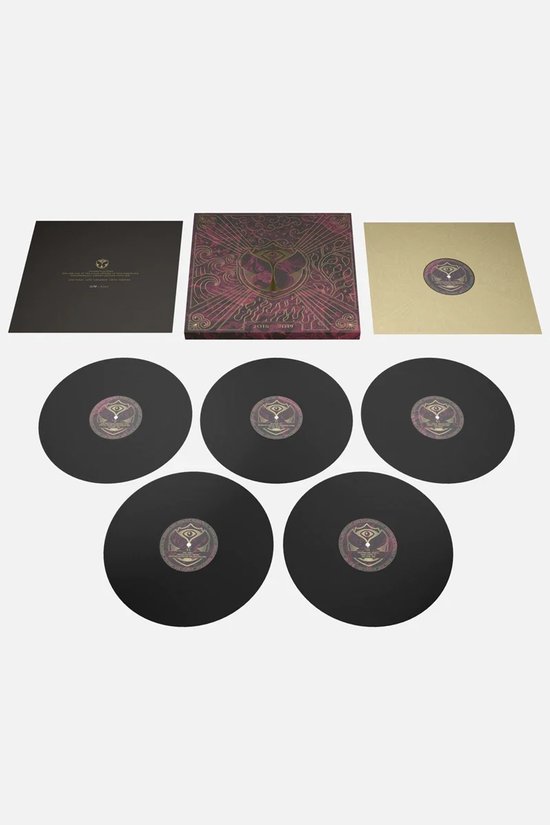 Tomorrowland 2015-2019 vinylset met box, vijf zwarte platen en een certificaat in goud en donkerrood.
