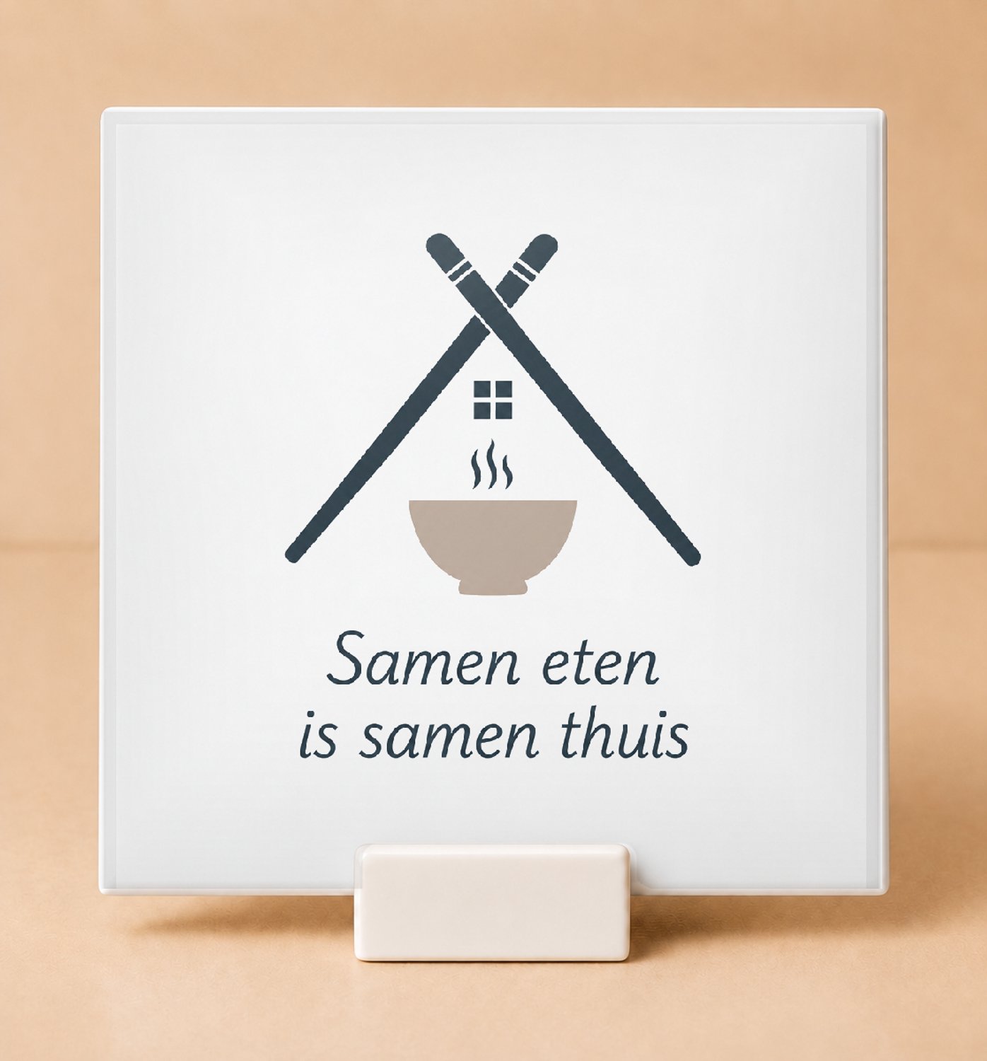 Bedruk King Vereenvoudigde vintage botanische Tegel "Samen eten is samen thuis" – Sfeervolle decoratie voor huiselijke gezelligheid - 15 x 15 cm met houder Wit